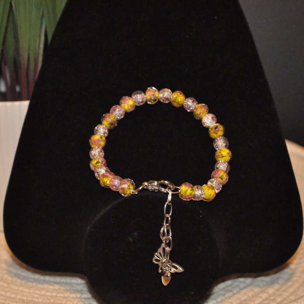 Yellow and Pink Inset Glass Beaded Bracelet w/ Butterfly Charm